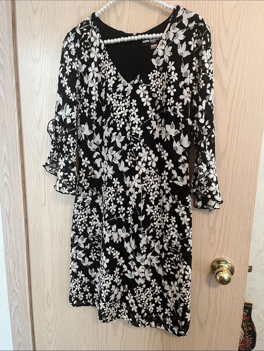 Karl Lagerfeld Black and White Floral V-Neck Midi Dress